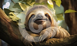 Cheerful Sloth Hanging on a Tree in a Lush Green Jungle Environment