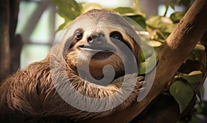 Cheerful Sloth Hanging on a Tree in a Lush Green Jungle Environment