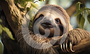 Cheerful Sloth Hanging on a Tree in a Lush Green Jungle Environment