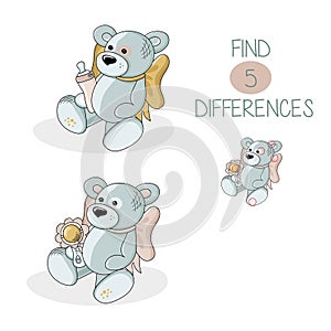 Cheerful small bear. Logic puzzle game for children. Need to find 5 differences. Vector cartoon illustration isolated on