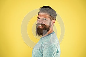 Cheerful smile. Grow mustache. Man bearded hipster with mustache. Beard mustache grooming guide. Hipster handsome