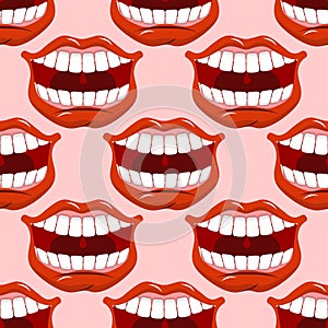 Cheerful smile lip seamless pattern. Red lips and white teeth