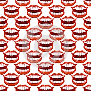 Cheerful smile lip seamless pattern. Red lips and white teeth te