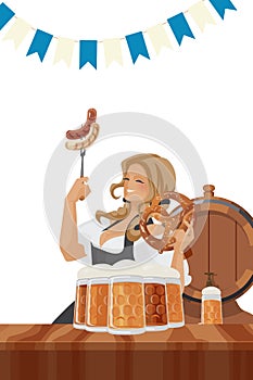 cheerful smiling blonde Bartender with sausages and pretzel in hands behind bar top with German beer steins