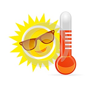 Cheerful, smiling cartoon sun in sunglasses next to the temperature thermometer