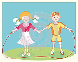 Cheerful smiling children jumping rope.