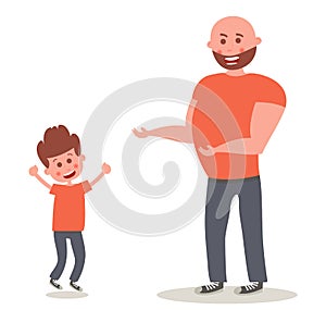 Cheerful smiling father with own son. Happy son jumping Vector illustration