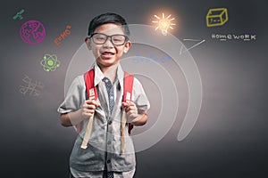 Cheerful smiling little boy with big backpack. Looking at camera. School concept. Back to School