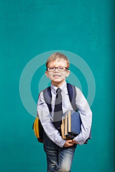 Cheerful smiling little kid with big backpack