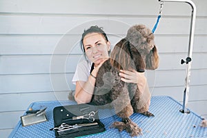 Cheerful smiling professional female groomer sitting near cute brown poodle dog after haircutting. Animal hair cut in pet care