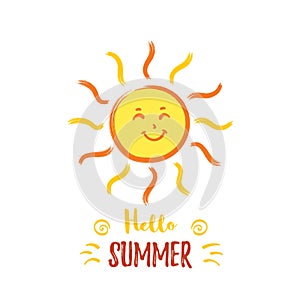 Cheerful smiling Sun with with Hello summer lettering