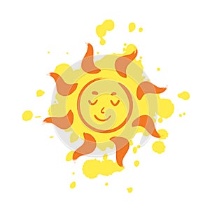 Cheerful smiling Sun with paint drops on background