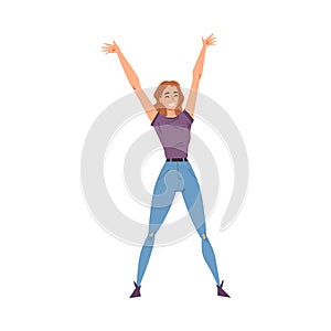 Cheerful Smiling Woman Standing with Raising Hands, Happy Person Character in Casual Clothes Cartoon Style Vector