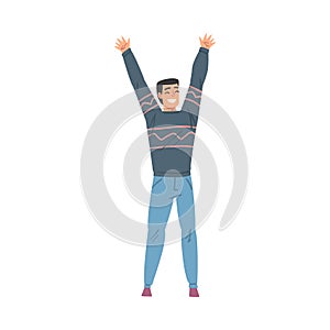 Cheerful Smiling Young Man Standing with Raising Hands, Happy Person Character in Casual Clothes Cartoon Style Vector