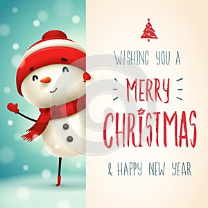 Cheerful snowman with big signboard. Merry Christmas calligraphy lettering design.