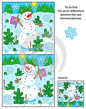 Cheerful snowman find the differences between the mirrored pictures puzzle