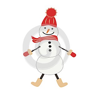 Cheerful snowman in a red cap with a ponpon, scarf, mittens, felt boots