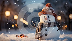 Cheerful snowman smiling in winter night, snowing outdoors generated by AI