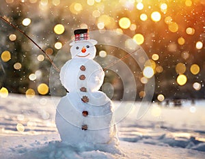 Cheerful snowman standing in winter Christmas landscape
