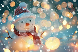 A cheerful snowman stands tall in a winter wonderland, donning a vibrant red hat and scarf, A charming snowman under twinkling