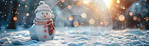Cheerful Snowman in Winter Wonderland with Bokeh Lights - Festive Christmas Banner