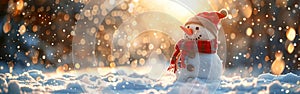 Cheerful Snowman in Winter Wonderland with Bokeh Lights - Festive Christmas Banner