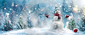 Cheerful Snowman in a Wintry Landscape Wearing a Hat and Scarf. Festive Season Art for Holiday Cards and Backgrounds
