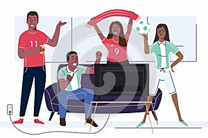 Cheerful soccer game fans friends adult people watching football TV on couch composition with flags and sport uniform