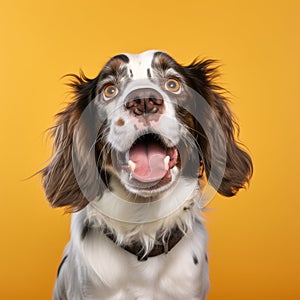 Cheerful Spaniel Dog On Vibrant Yellow Background