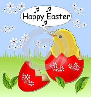 Cheerful spring easter theme with cute yellow chicken sitting in painted shell egg in grass with white flowers