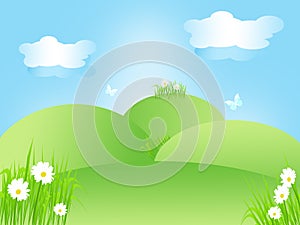 Cheerful spring landscape in green, blue and white, illustration.