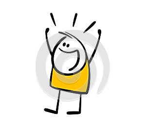 Cheerful stickman child saw an unexpected surprise and raised his hands, screaming with delight. Vector illustration of