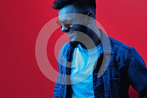 Cheerful stylish hipster bearded young man wearing yellow sunglasses and blue jeans jacket posing in neon light over red