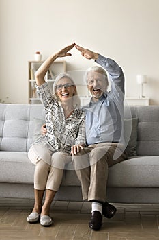 Cheerful successful senior retired couple making roof symbol