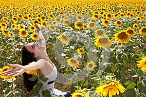 Cheerful in a sunflower field