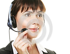 Cheerful support phone operator in headset