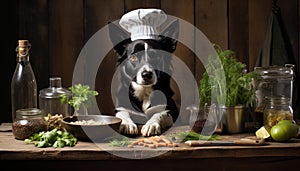 Cheerful and talented dog chef in the kitchen, passionately cooking up nutritious meals for animals