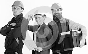 Cheerful team of architects ready to work, isolated white background.