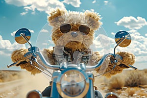 cheerful teddy bear riding motorbike in a desert, AI generated