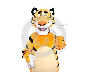 Cheerful teddy orange tiger posing on a white background, isolate. Holiday animator