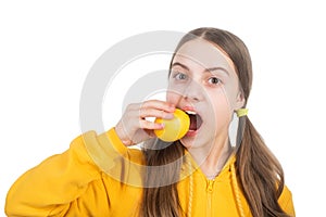 cheerful teen girl with citrus fruit lemon full of vitamins isolated on white, detoxication photo