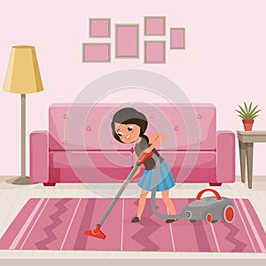 Cheerful teen girl cleaning carpet with vacuum cleaner at living room. Child helping with housework. Sofa, lamp, flower