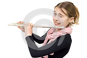 Cheerful Teenage Girl Holding Flute and Winking into the Camera Isolated on White