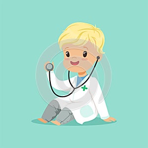 Cheerful toddler boy in white medical gown playing doctor role with stethoscope. Flat design vector illustration