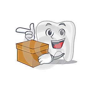 A cheerful tooth cartoon design concept having a box