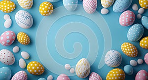 Top view of pastel easter eggs with patterns and small white eggs frame a bright blue background creating a festive