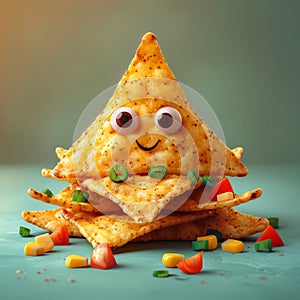 Cheerful tortilla chip character with party snacks