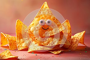 Cheerful tortilla chip character with party snacks