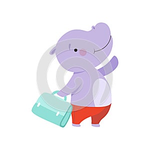 Cheerful tourist hippo with bag, cute animal cartoon character travelling on summer vacation vector Illustration on a