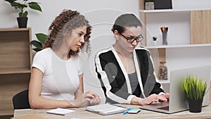 Cheerful two business women working at the office on a computer